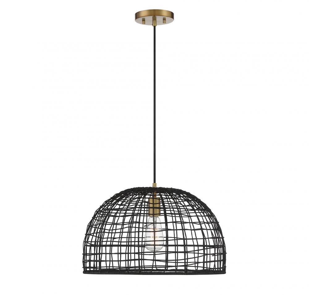 1-Light Pendant in Black with Natural Brass Accents