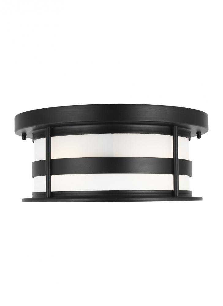 Wilburn modern 2-light outdoor exterior ceiling flush mount in black finish with satin etched glass