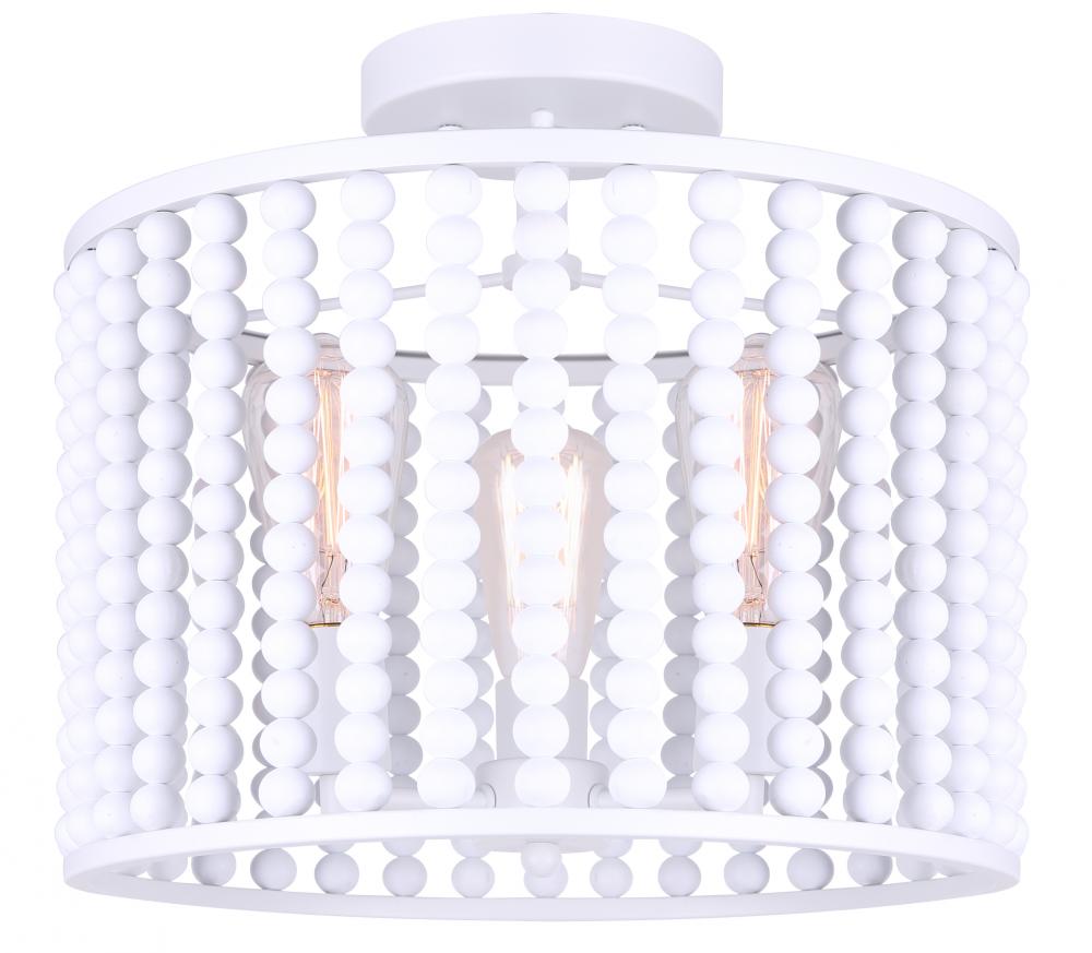 POSY, ISF1074A03WH, 3 Lt Semi-Flush, White Real Wood Beads, 60W Type A