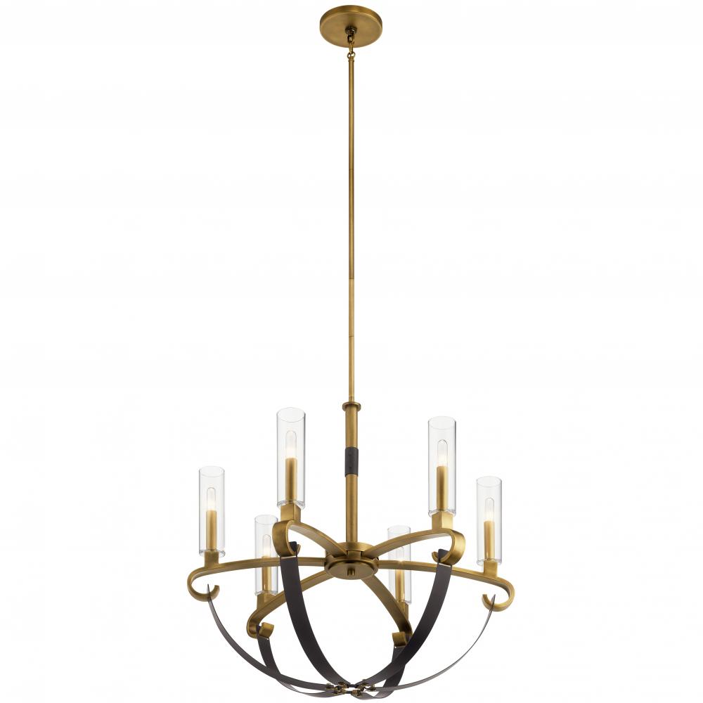 Artem 26" 6 Light Chandelier with Clear Glass Cylinders in Natural Brass